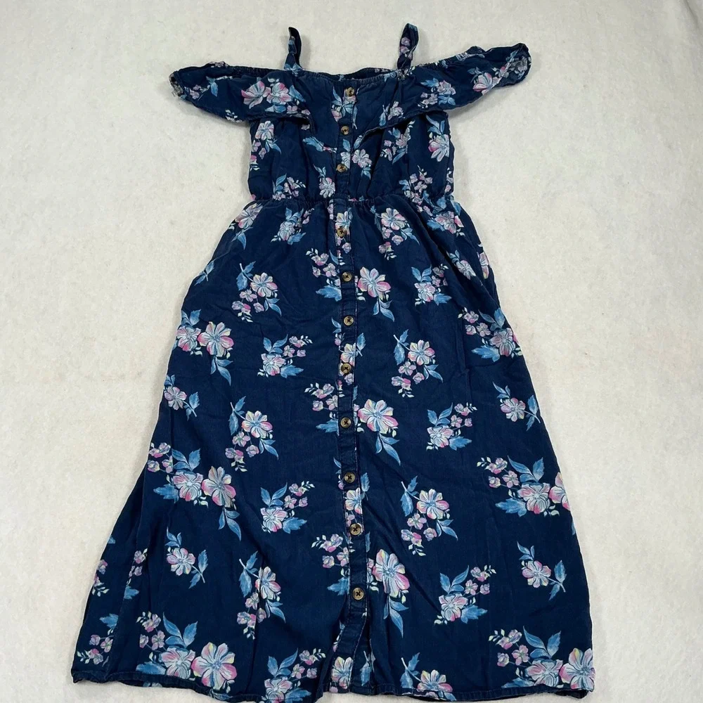 Justice Girls Navy Blue Floral Off Shoulder Maxi Dress Size S 7/8 Button Front